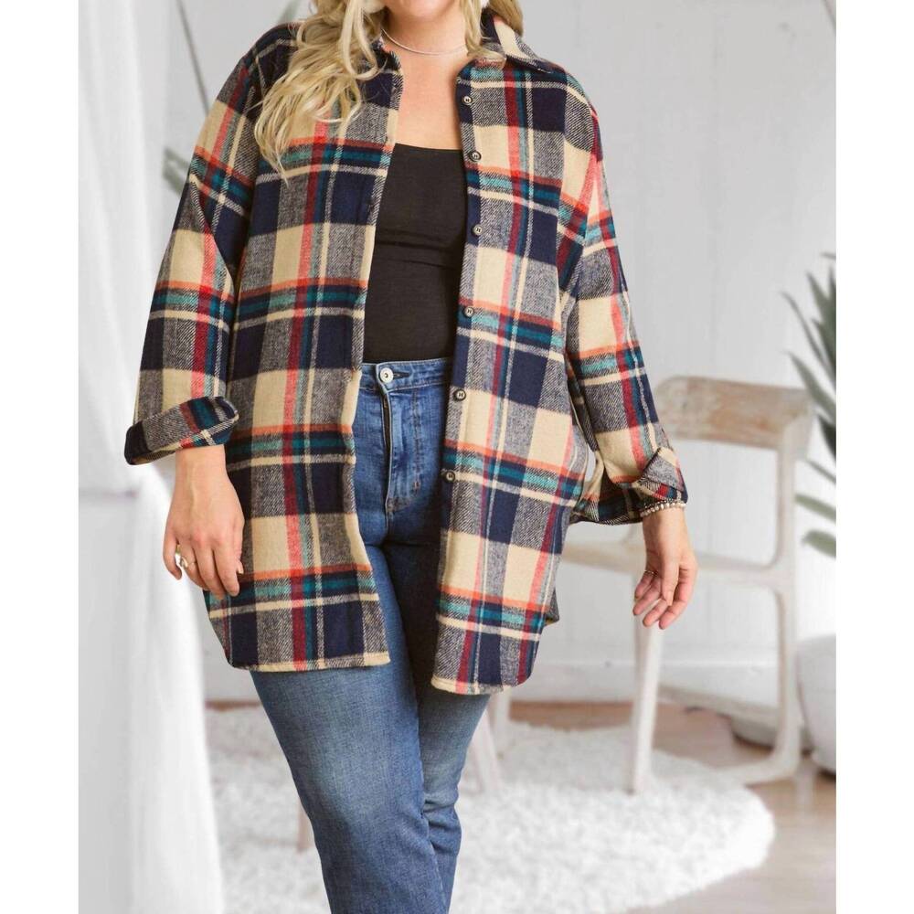 NEW ADORA pretty check shirt jacket - plus in navy/taupe